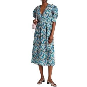GANNI Blue Floral Pleated Midi Dress 38 (M) Elegant Georgette